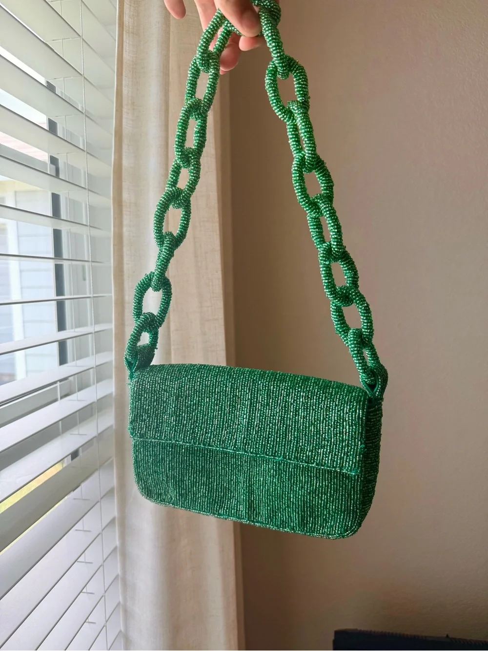 Anthropologie Green Beaded Chain-Link Shoulder Bag Maeve